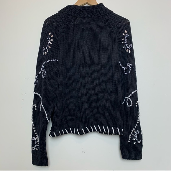 Vintage Black & White Pearl & Rhinestone Open Front Cardigan Women’s Size Large - Picture 3 of 9